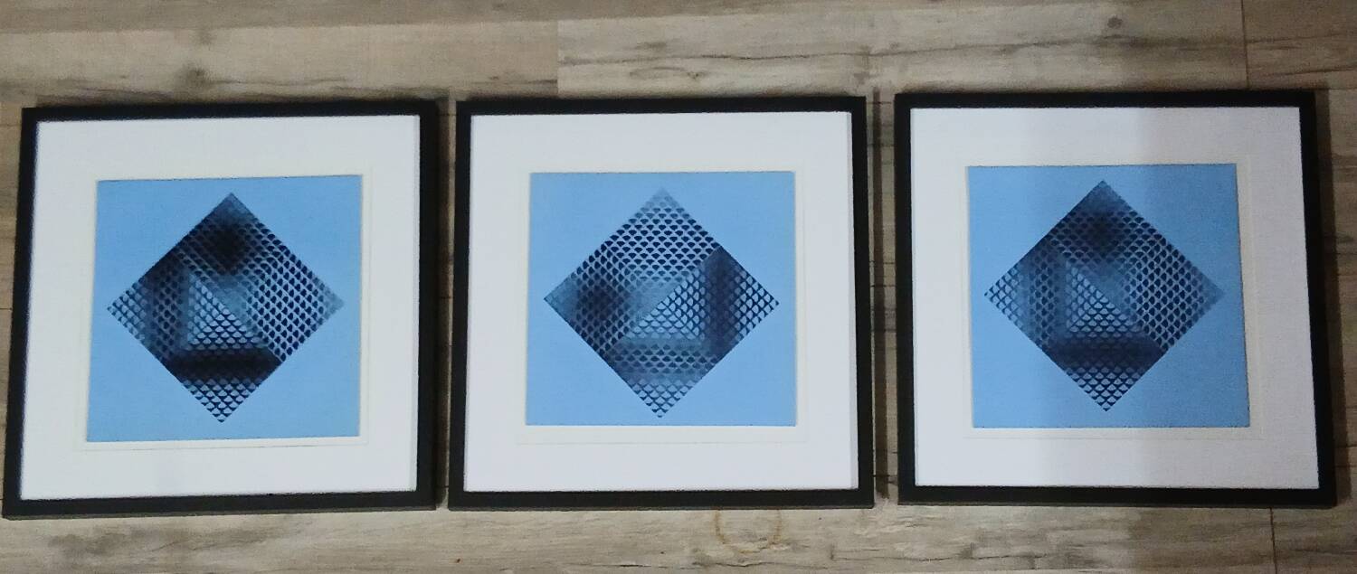 Trio Vintage Optical Art Tableaux - Victor Vasarely - Frames 40x40cm