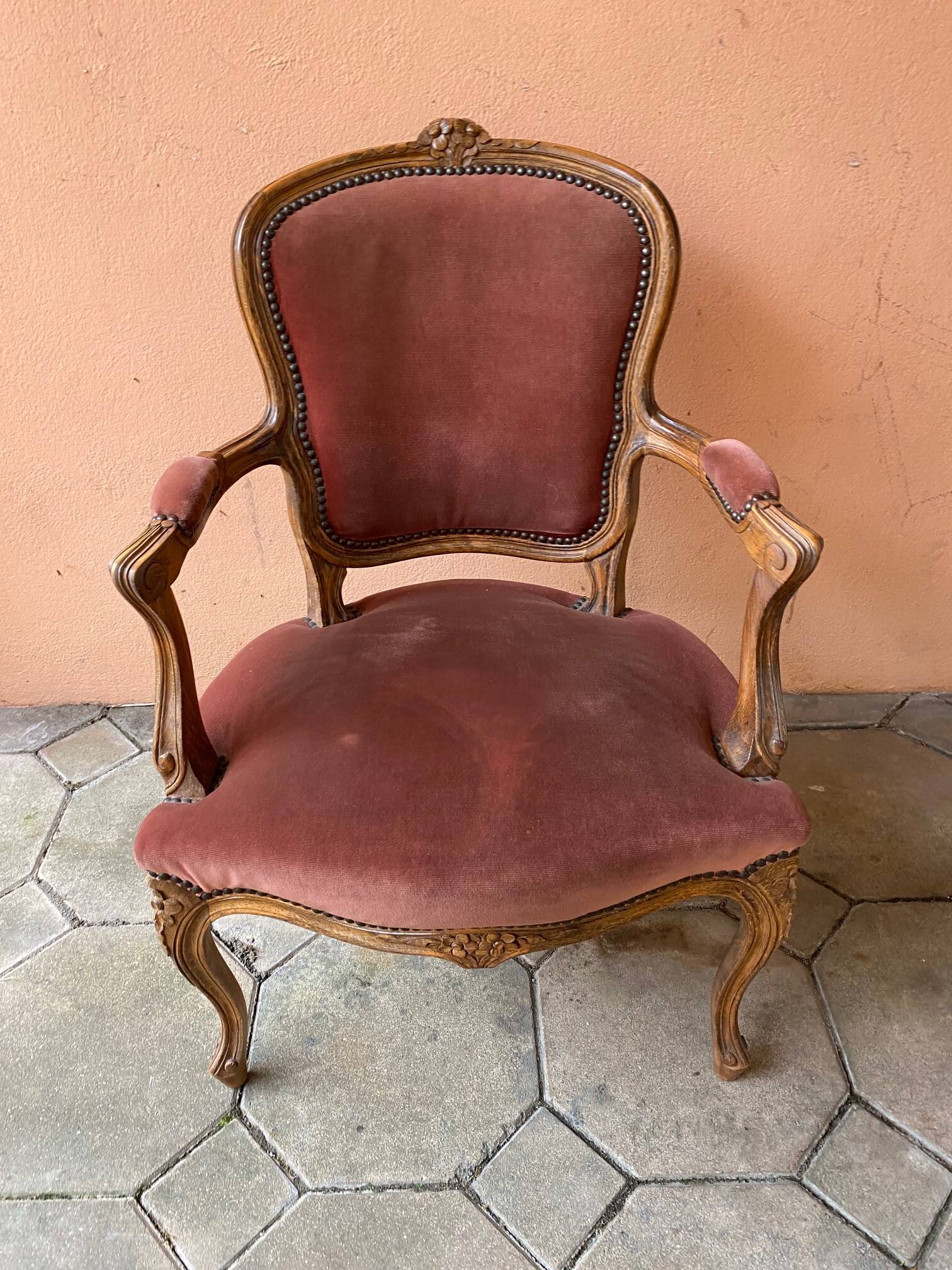 Pair of louis xv style bergeres armchairs with pink velvet armrests