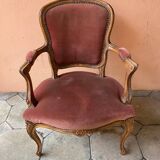 Pair of louis xv style bergeres armchairs with pink velvet armrests