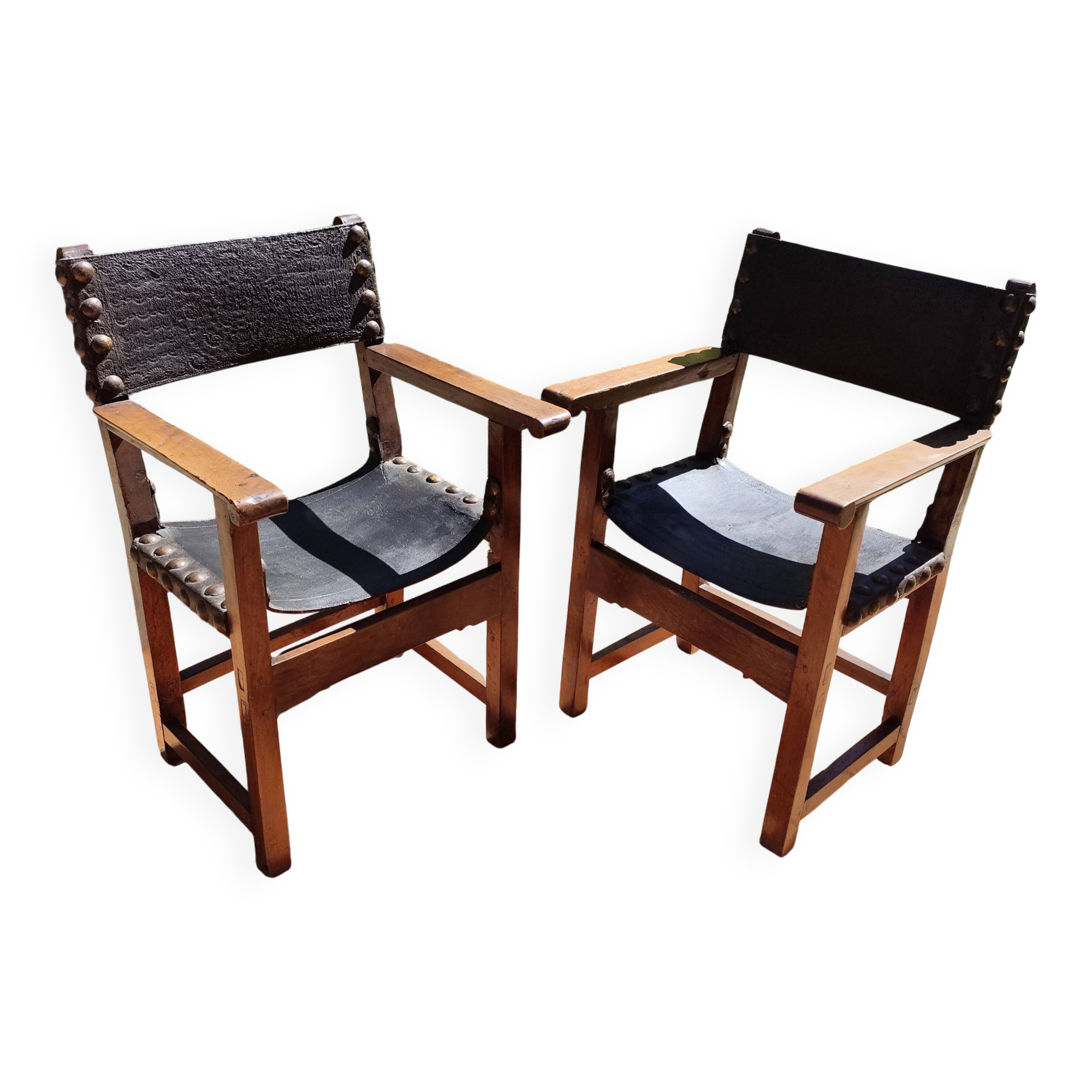 Pair of French Brutalist oak and leather armchairs 1920