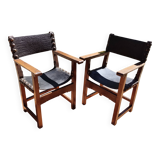 Pair of French Brutalist oak and leather armchairs 1920