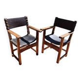 Pair of French Brutalist oak and leather armchairs 1920