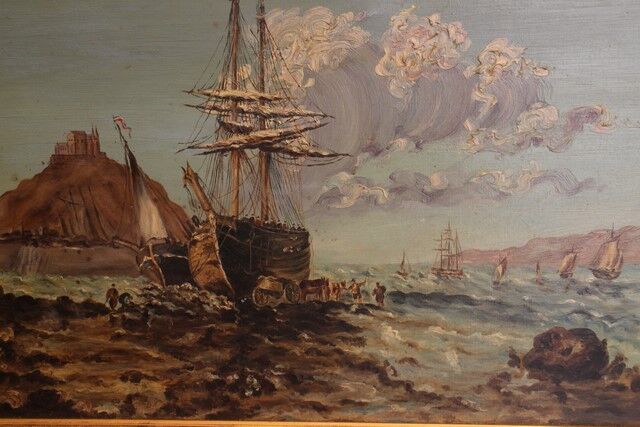Large oil painting on canvas marine late 19th "the berthing of the sailboat"