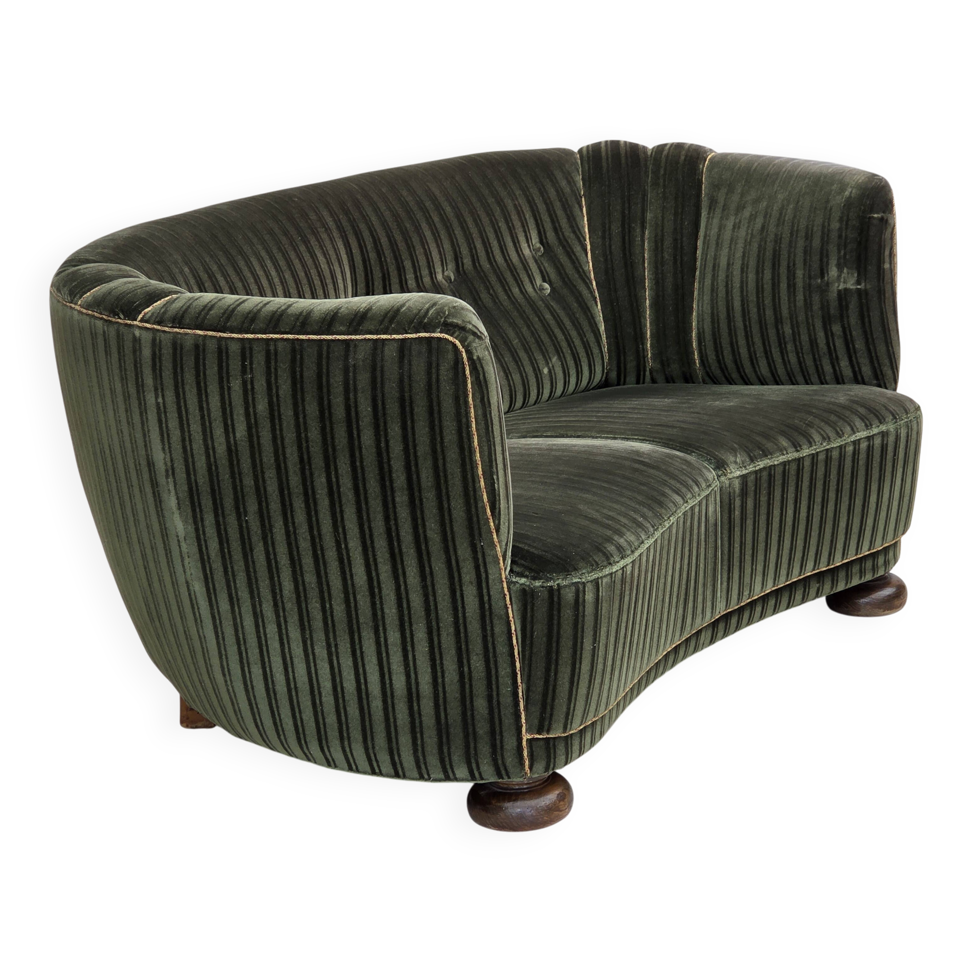 1960s, Danish 2-seater curved sofa, furniture velour, oak wood.