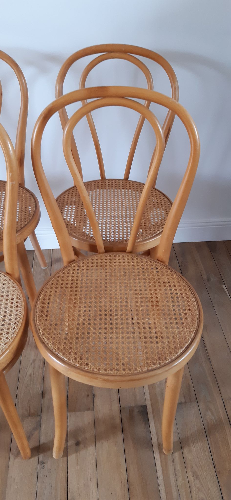 Set of 4 bistro chairs in turned wood and cannage rattan 50s