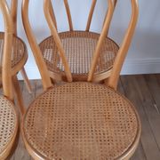 Set of 4 bistro chairs in turned wood and cannage rattan 50s