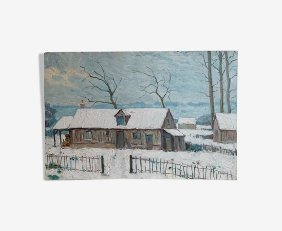 Huile sur panneau bois paysage de neige G. Moïse