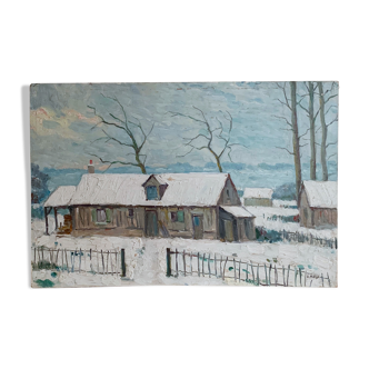 Huile sur panneau bois paysage de neige G. Moïse