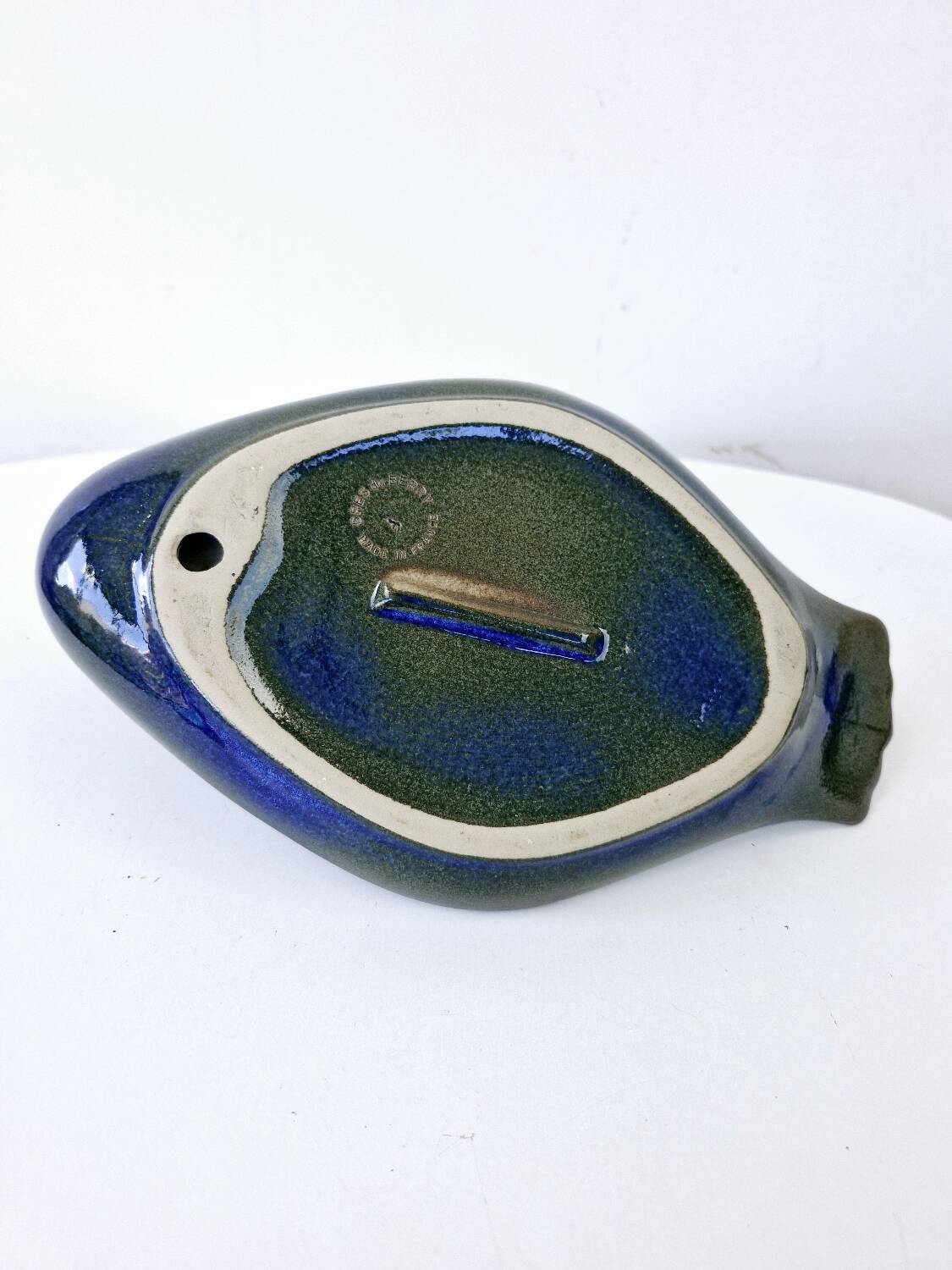 Vintage Plate Duck Foie Gras Blue Stoneware from Berry, France 25.5x15cm