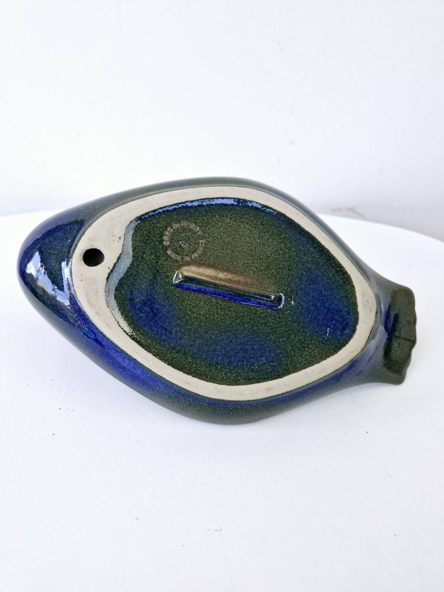 Vintage Plate Duck Foie Gras Blue Stoneware from Berry, France 25.5x15cm