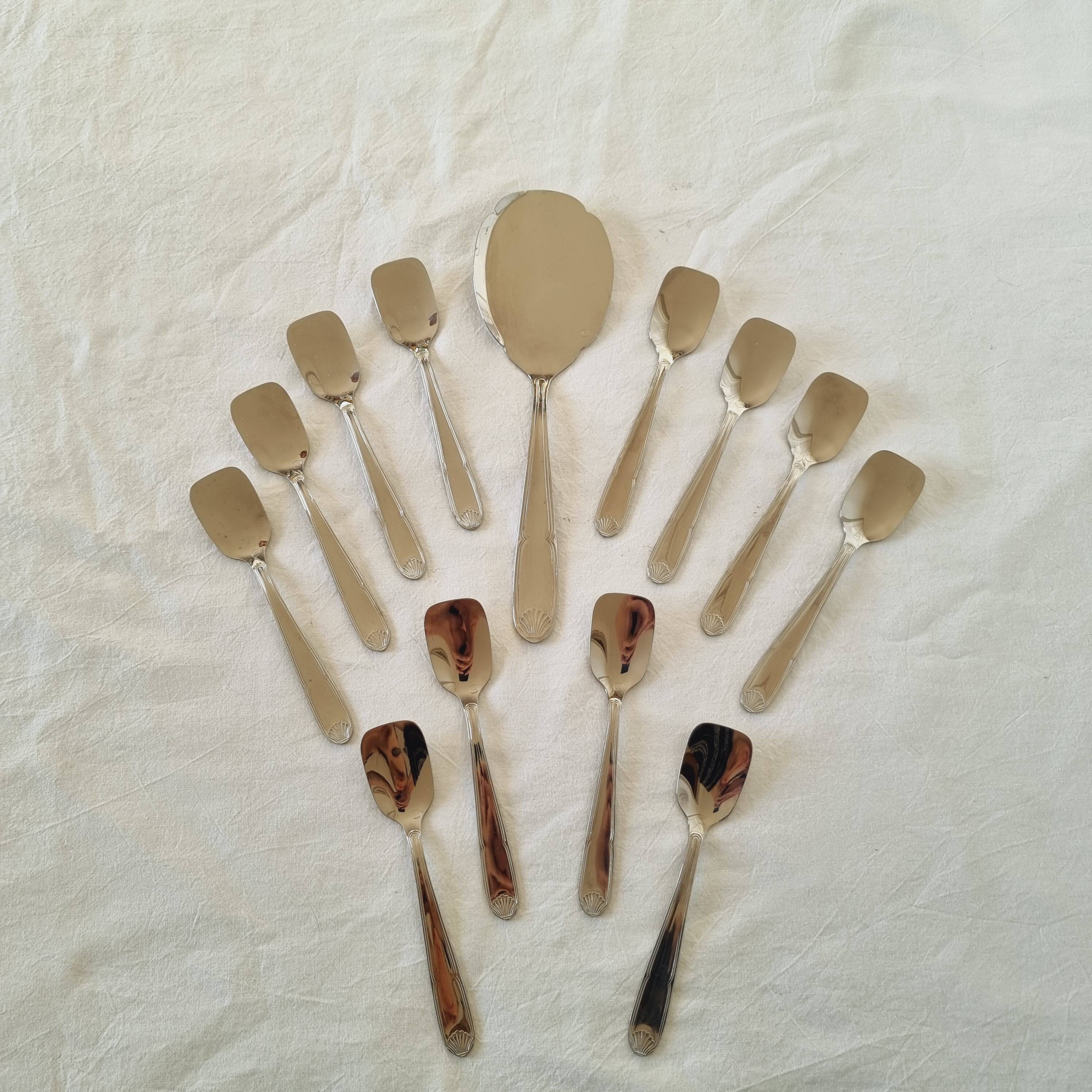 Box with 12 vintage spoons and spoon for serving ice cream in stainless steel