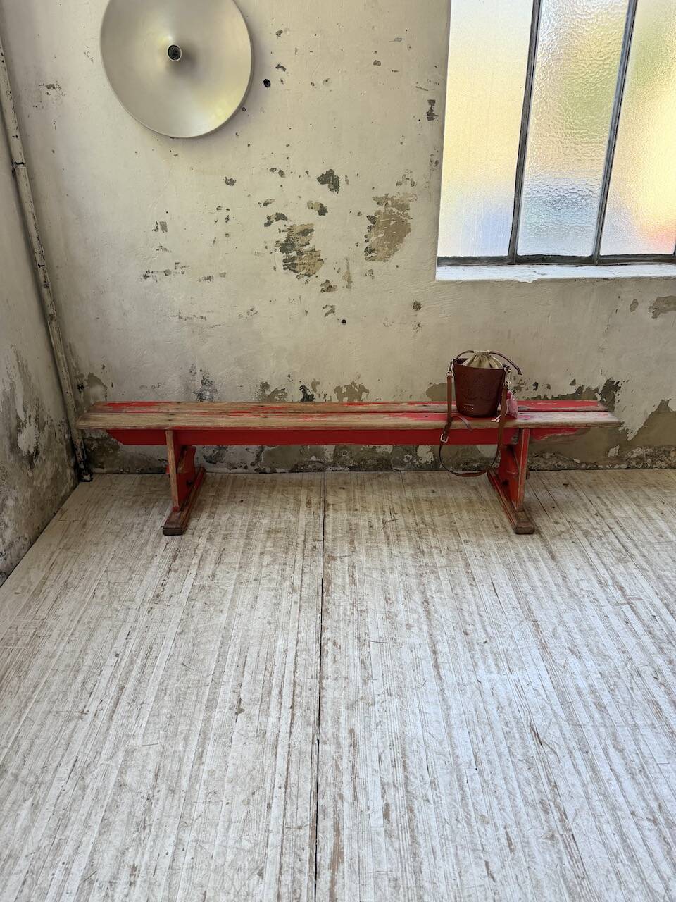 1950s oak bench with red patina, 2m