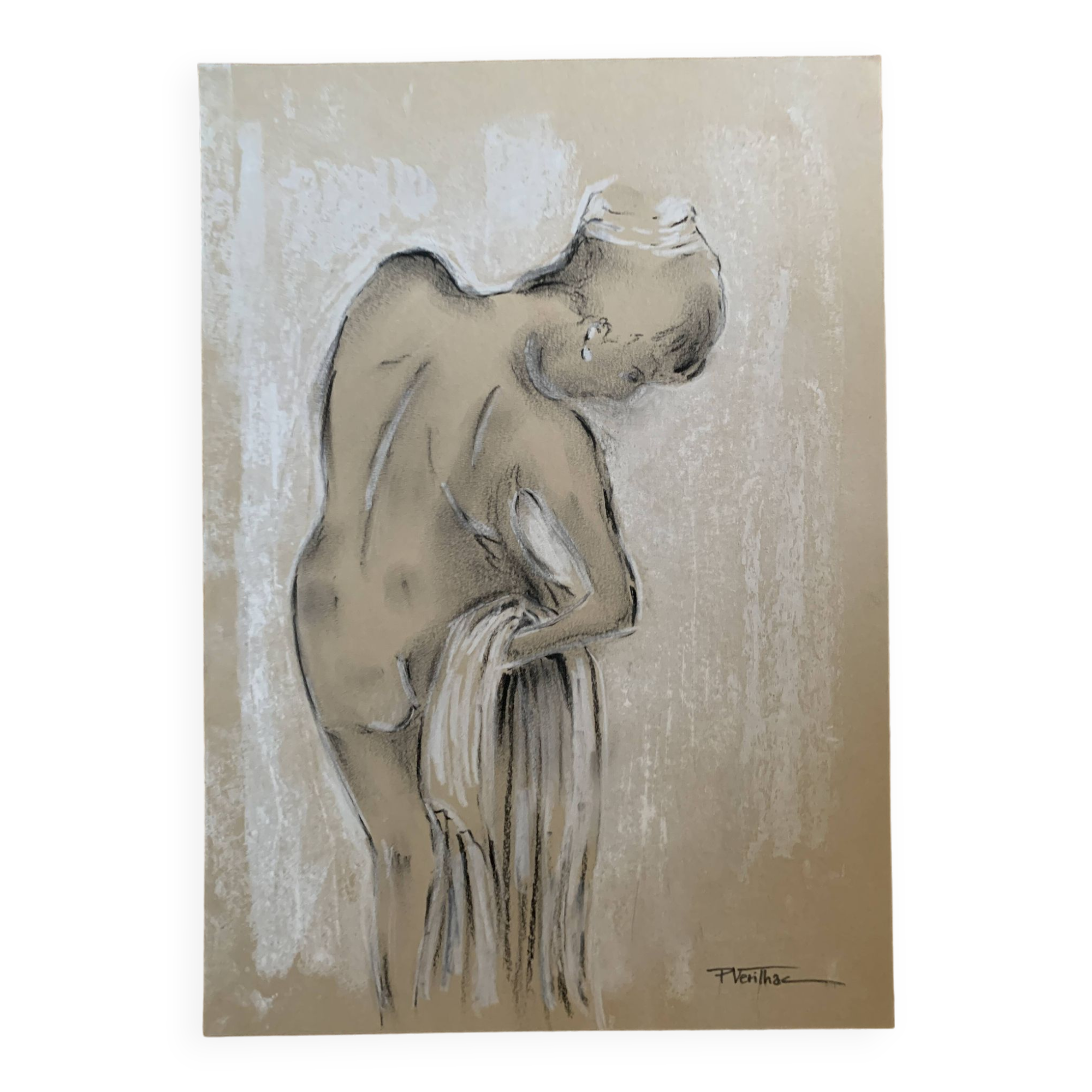 Signed charcoal pastel white portrait of a woman "the white towel"