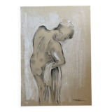 Signed charcoal pastel white portrait of a woman "the white towel"