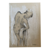 Tableau signé fusain pastel blanc portrait féminin « la serviette blanche »