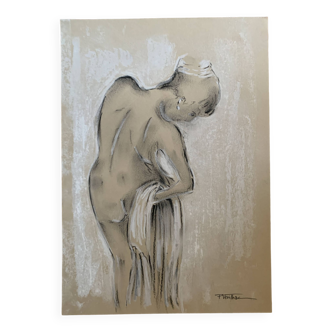 Painting signed charcoal pastel white female portrait “the white towel”