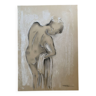 Signed painting charcoal pastel white female portrait "the white napkin"