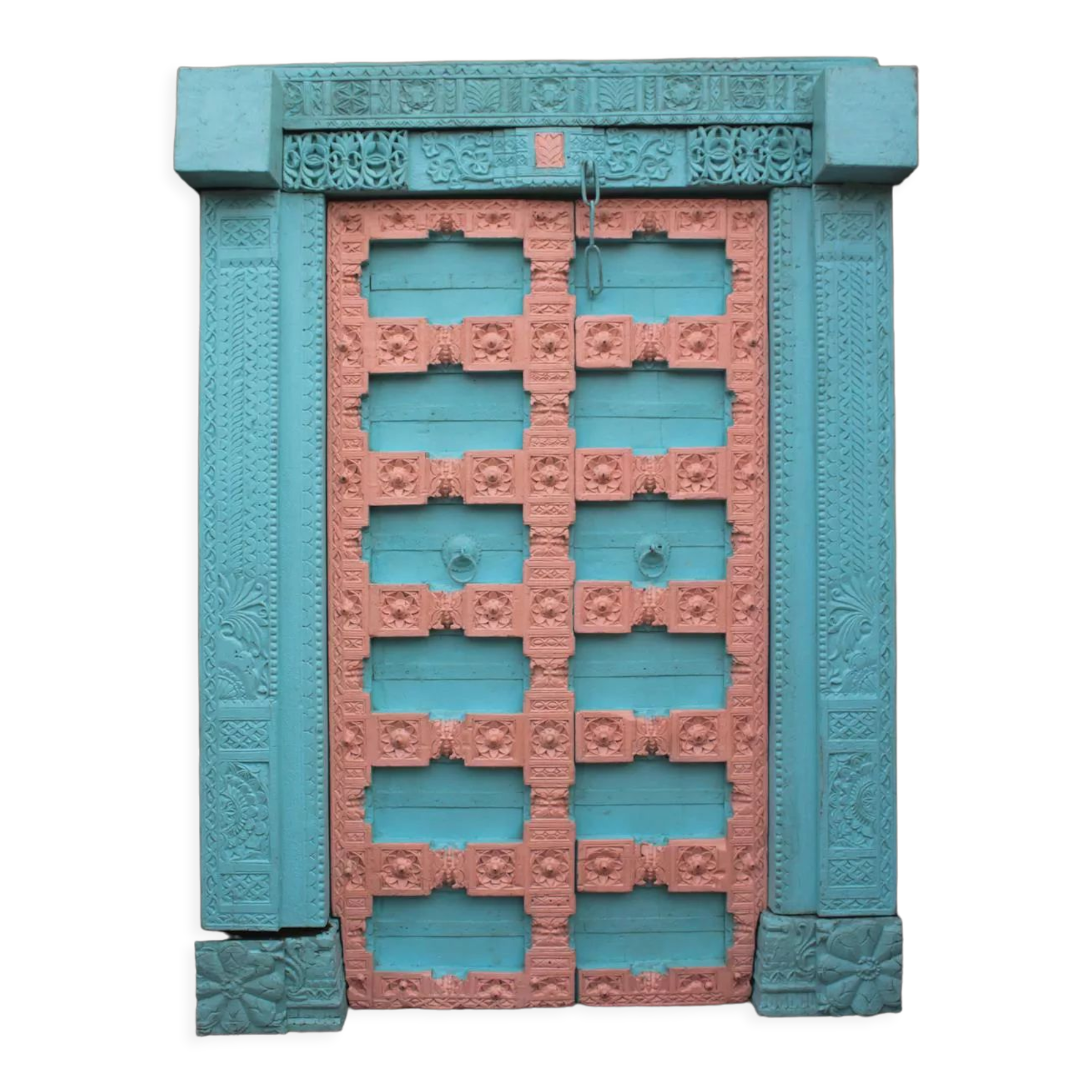 Old Indian door in old teak, piece and patina of origin