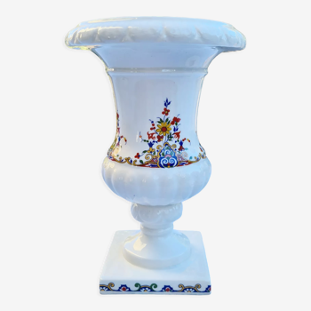 Medici cup vase in faience Gien white and colorful flowers 60s france