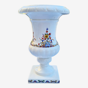 Vase coupe medicis en faience Gien blanc et fleurs colorées années 60 france