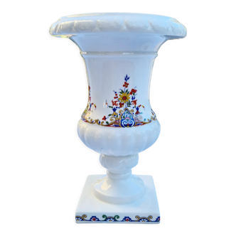 Medici cup vase in faience Gien white and colorful flowers 60s france