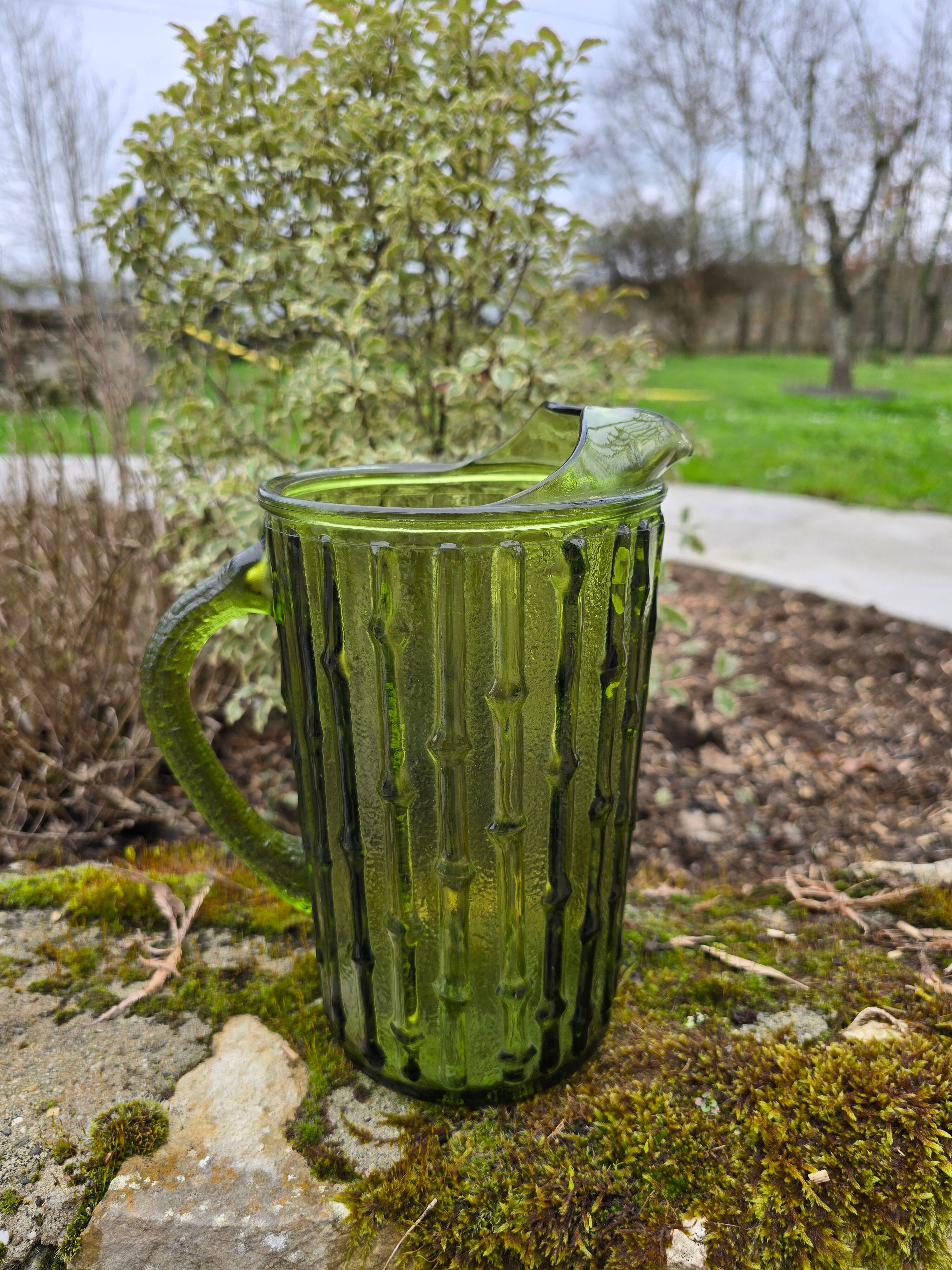 Mid-century glass pitcher attributed to Luminarc Bamboo.