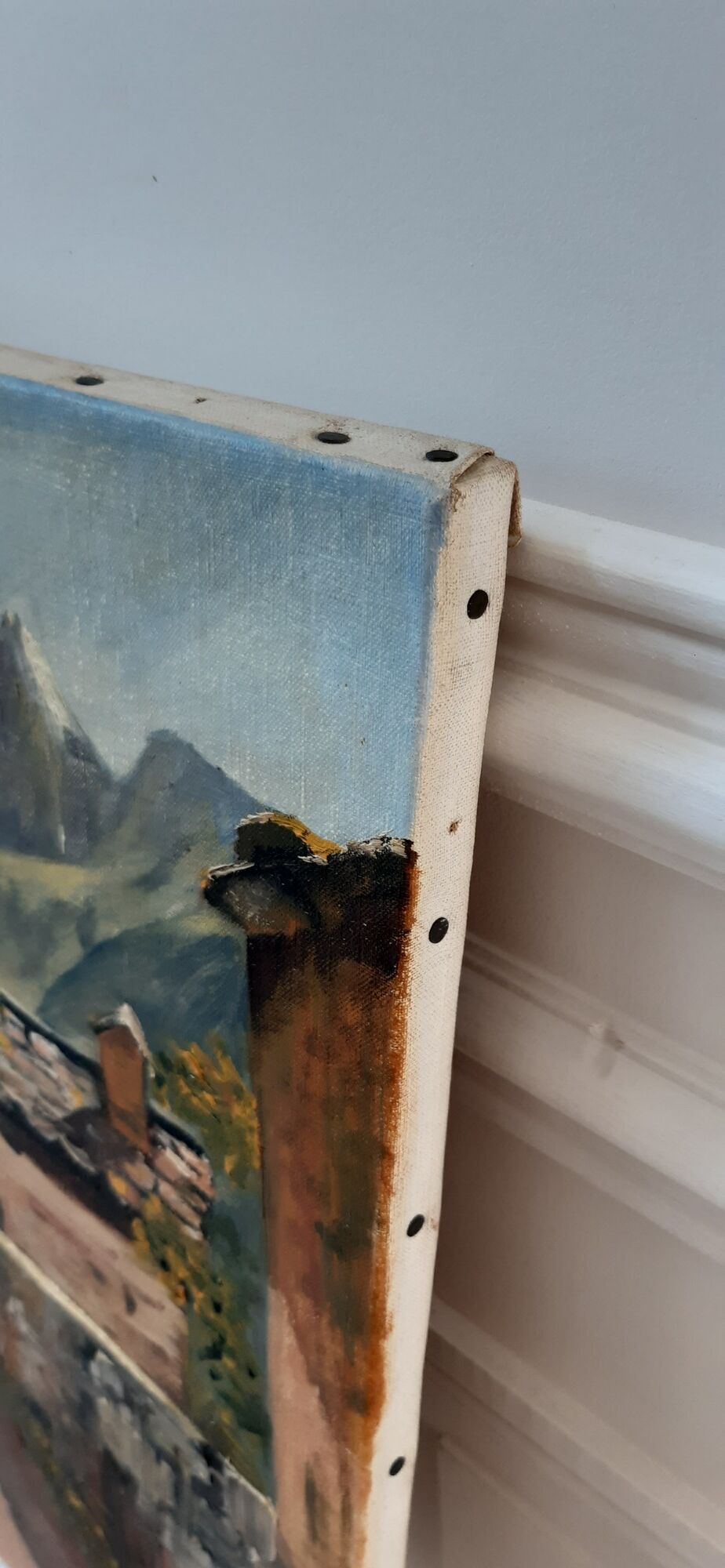 Oil on canvas painting and mountain landscape frame signed