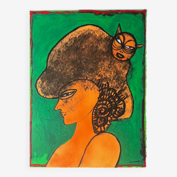 Guillaume Corneille (1922-2010) Lithographie Signée Femme au chat 1998