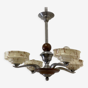 Art Deco chandelier in wood chromed metal and glass