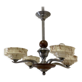 Art Deco chandelier in wood chromed metal and glass