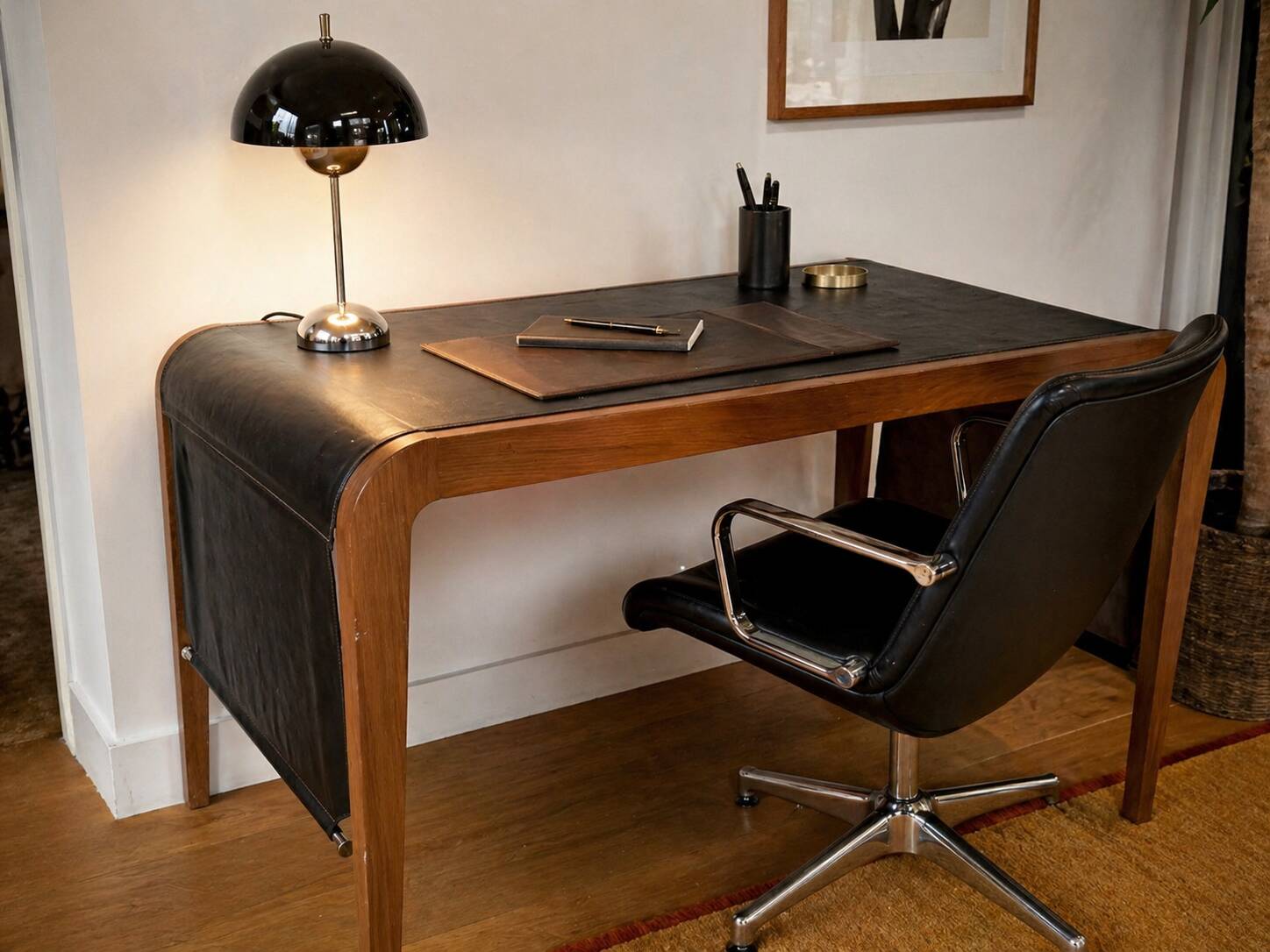Vintage curved wood and leather desk – 1970s/80s