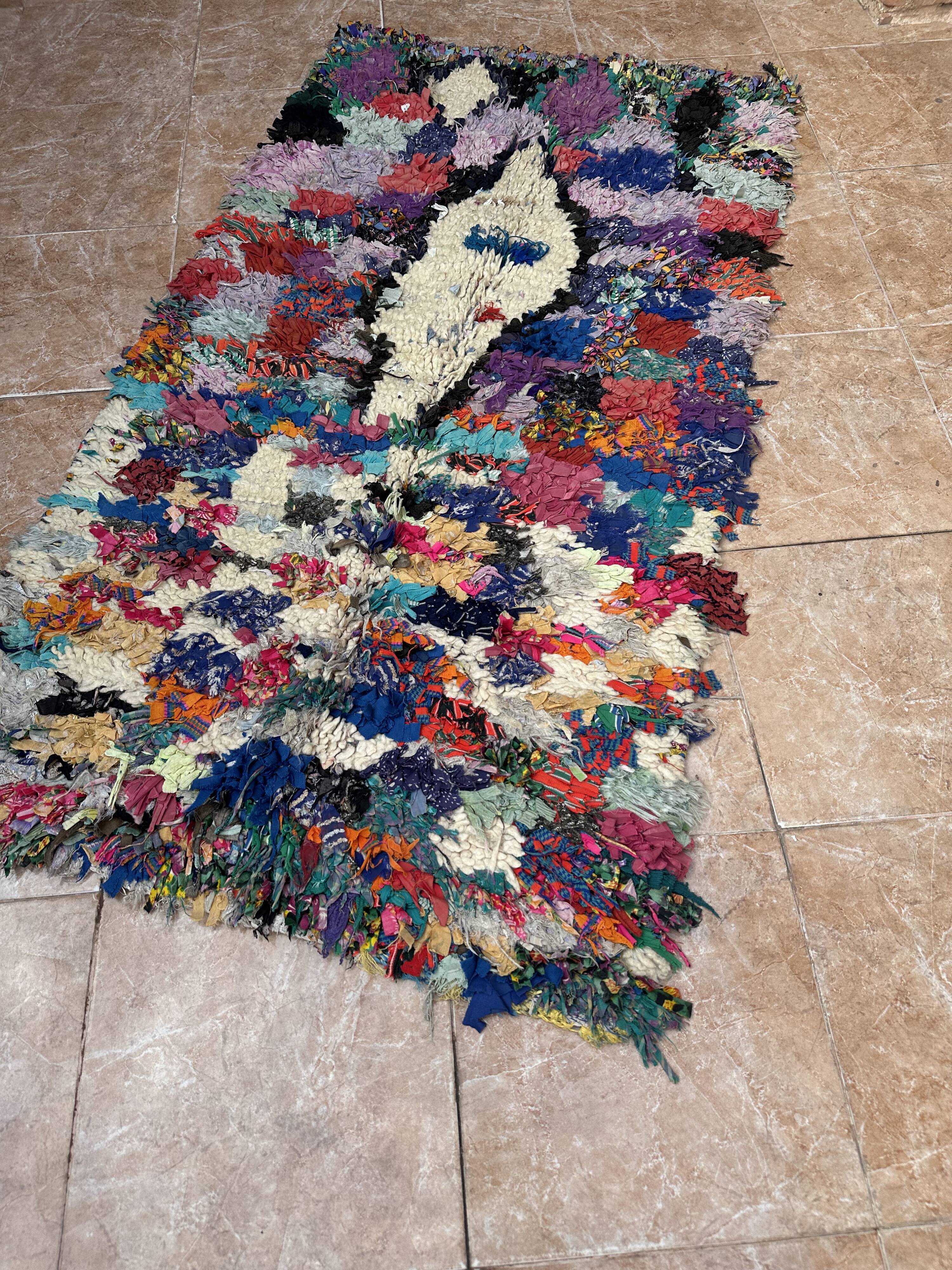 Vintage Moroccan Boucherouite rug: small abstract rug