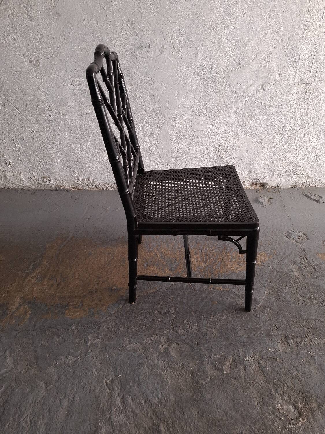 Black lacquered chair, faux bamboo, Chippendale, Jonathan Adler