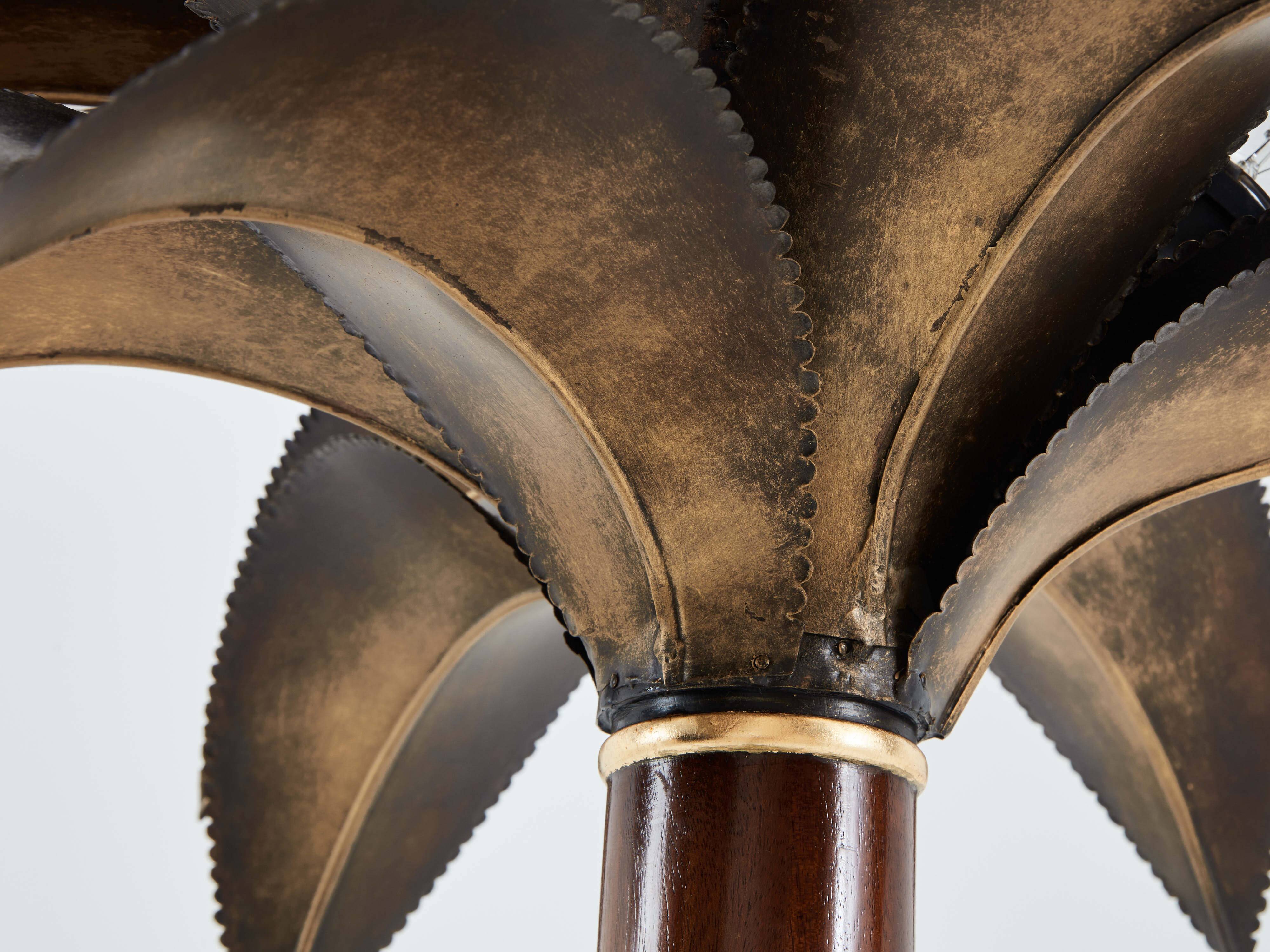 Maison Jansen style pair of bronze mahogany palm tree lamps 1960s