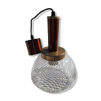 Copper suspension with white striped blown glass
