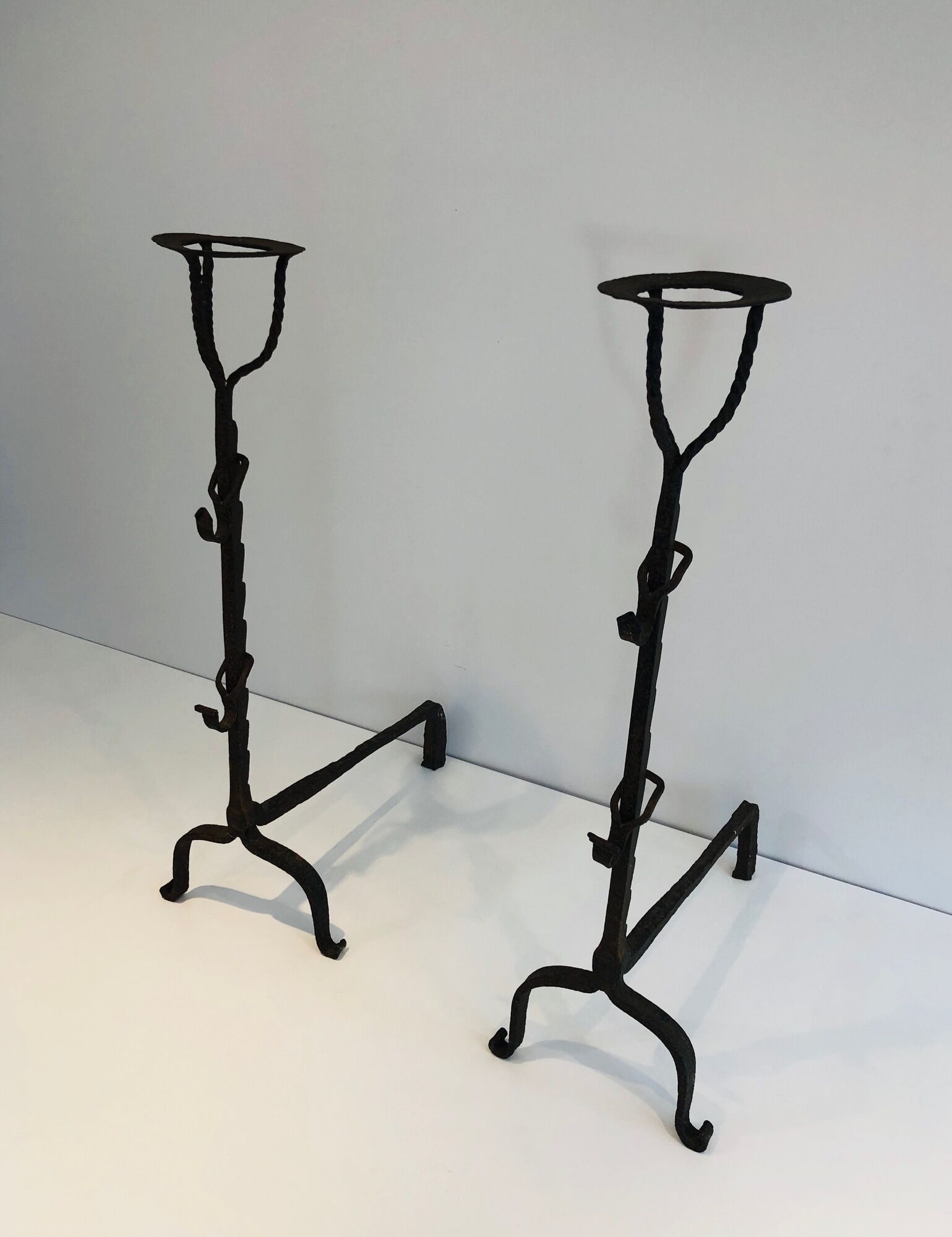 Pair of wrought iron landiers. french work ,seventeenth century