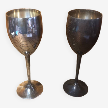 Pair of vintage silver metal wine glasses