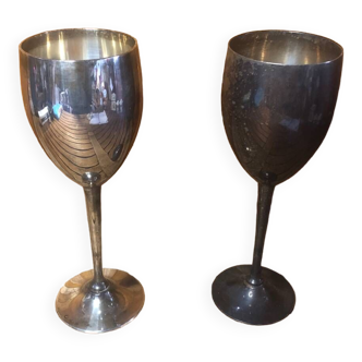 Pair of vintage silver metal wine glasses