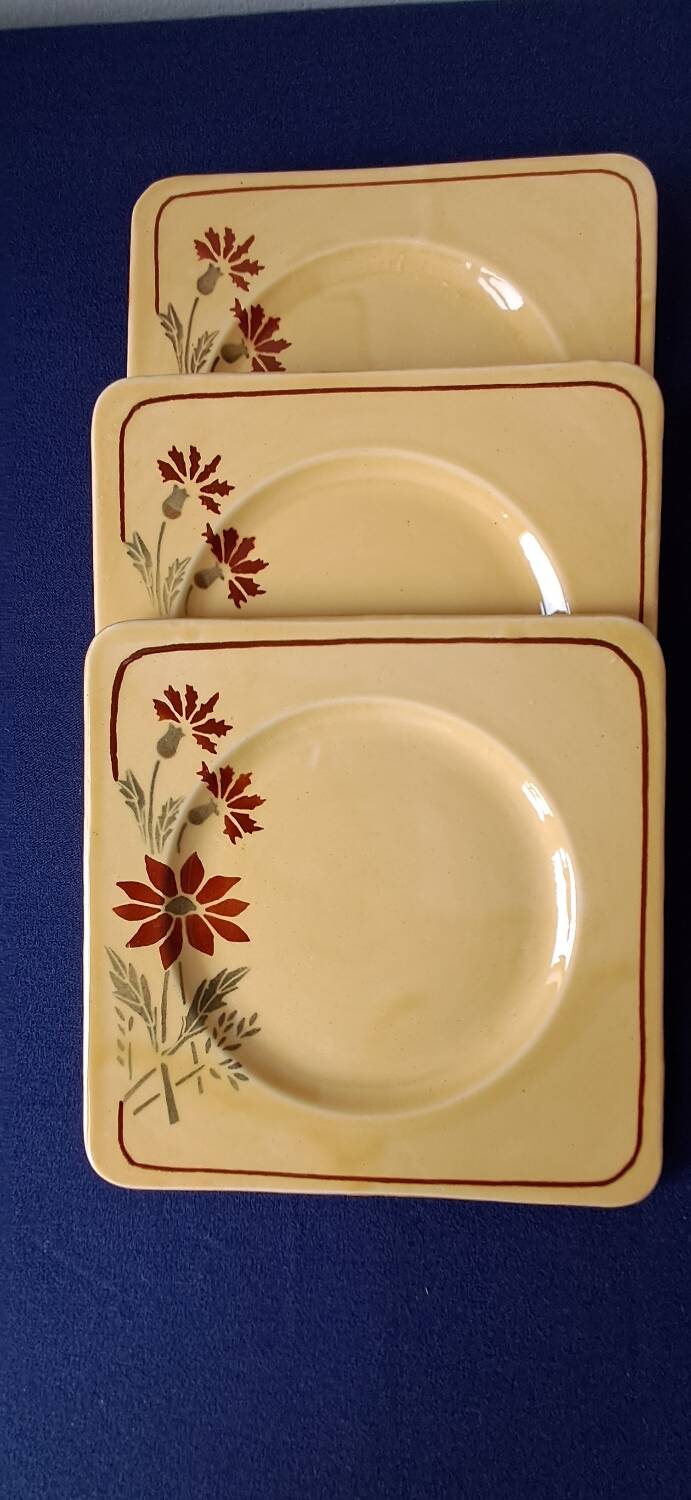 6 square dessert plates, ironstone. 1940s-50s.