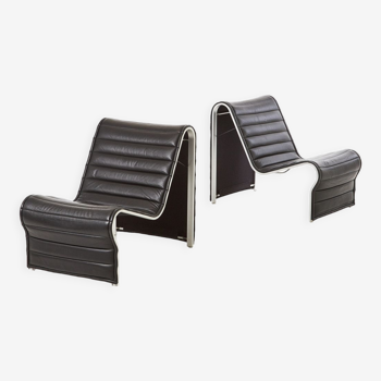 Pair of leather and aluminum lounge chairs by Eric Sigfrid Persson 60s 70s
