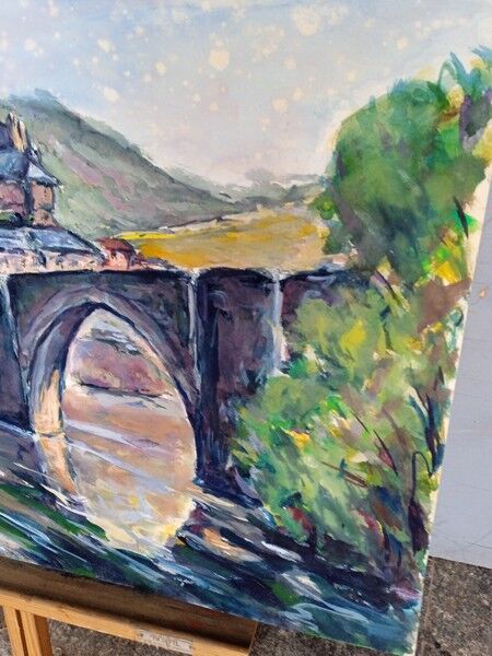 Landscape village old gouache bridge / paper 65/50cm