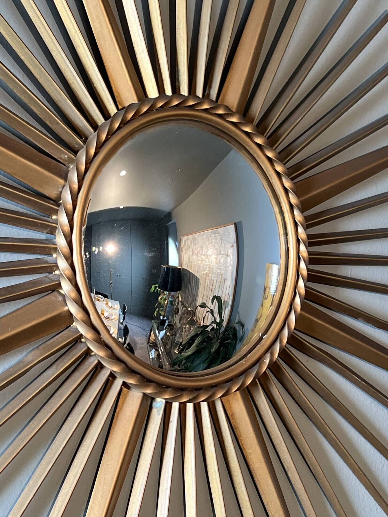 Golden Metal Sun Mirror with Convex Mirror by Chaty Vallauris. French Work