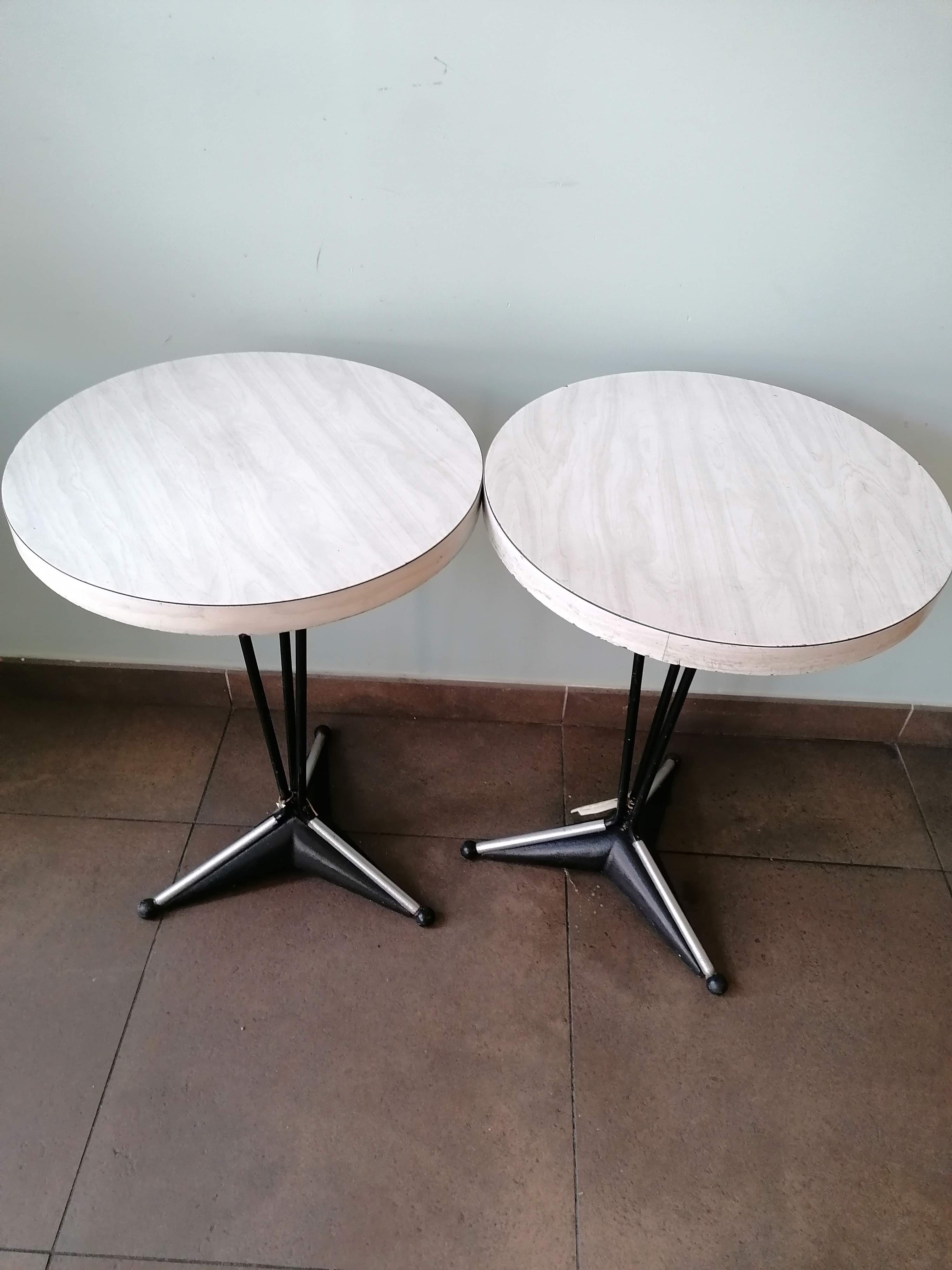 Pair of round vintage bistro tables, pedestal table