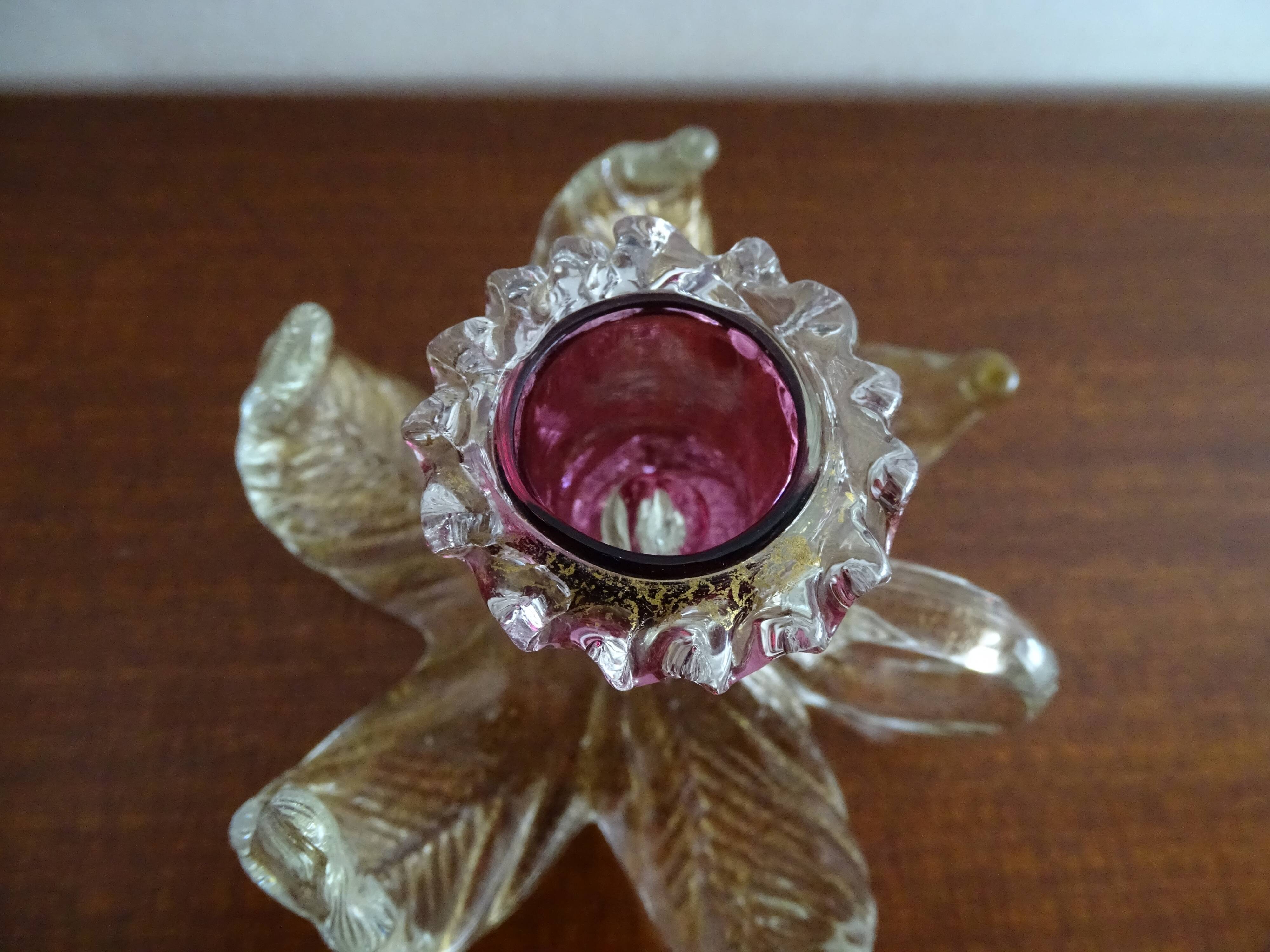 Bougeoir fleur verre  Murano poudre d'or