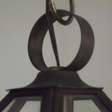 Unusual French Mid Century Hexagonal Copper and Glass Hanging Lantern Light 3370