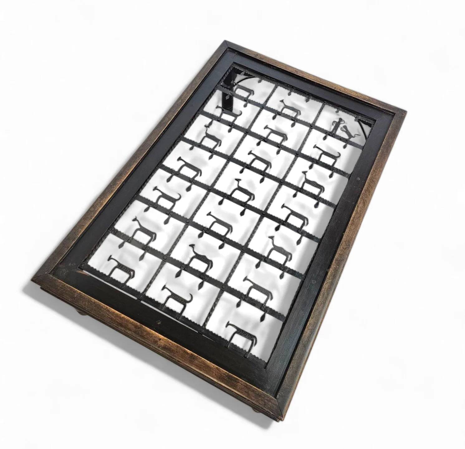 French brutalist coffee table, forged wrought iron, shepherd with dog and his herd, 1970s, transparent glass top