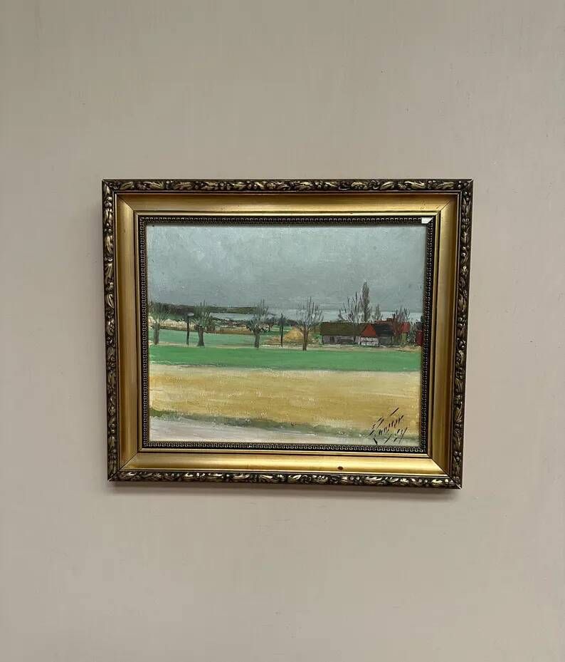 Original Swedish Oil on Panel – “Red Cottages” by Unknown Artist– Signed – Vintage & Framed – 48 × 40 cm (18.8" × 15.7")