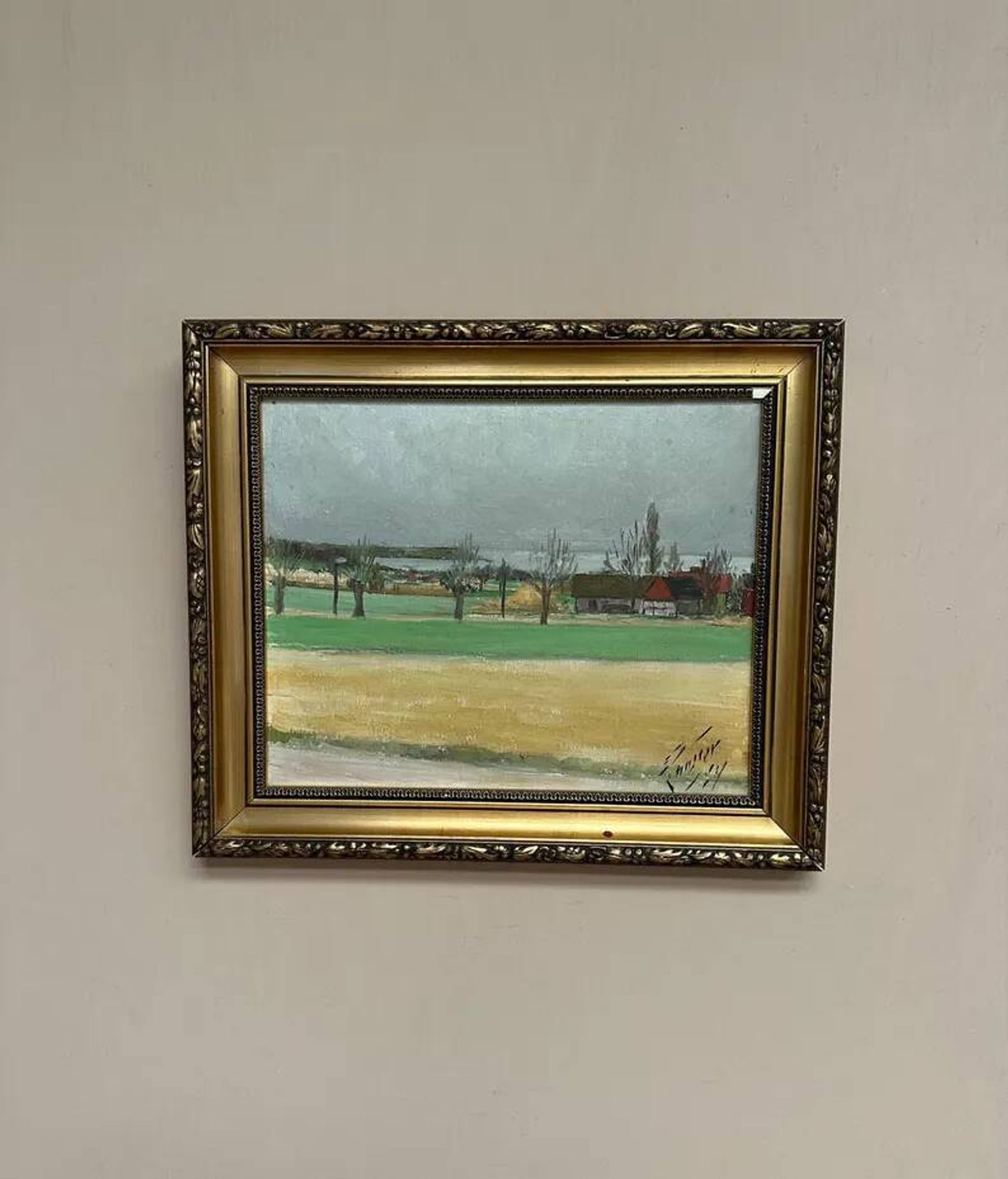 Original Swedish Oil on Panel – “Red Cottages” by Unknown Artist– Signed – Vintage & Framed – 48 × 40 cm (18.8" × 15.7")