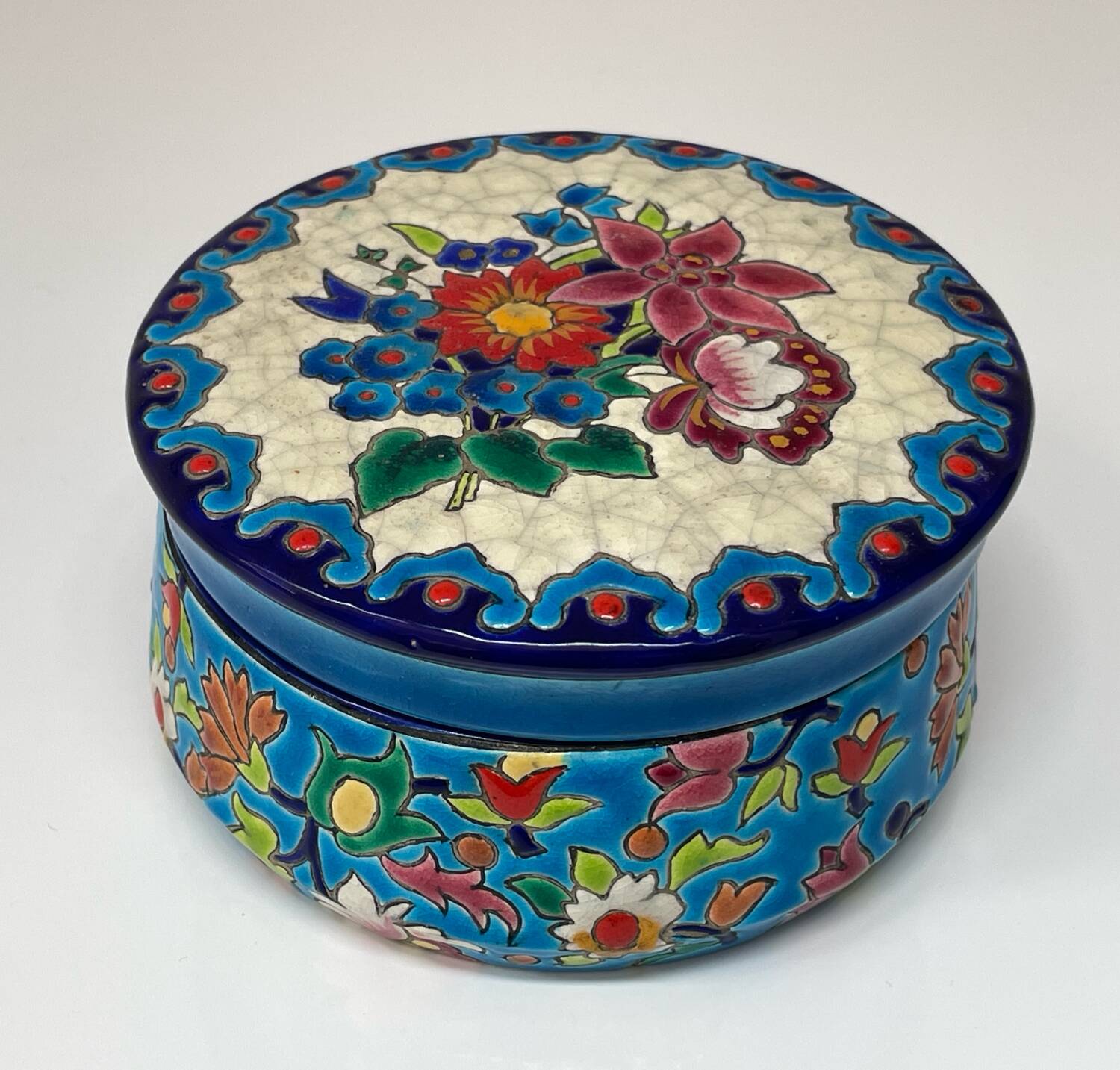 Enamelled faience jewellery box Longwy floral decoration