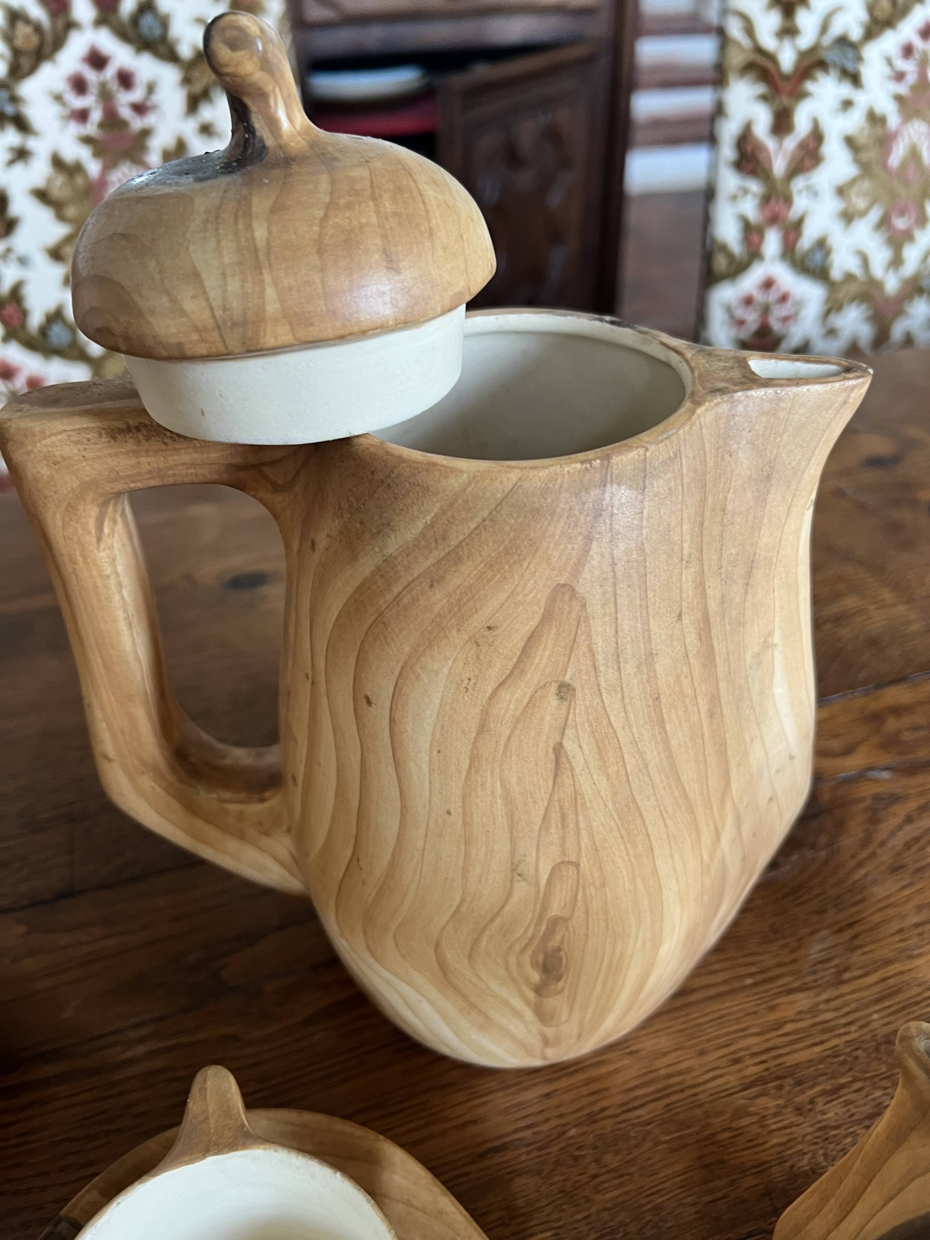 Wooden trompe-l'oeil coffee service – signed Vallauris Grandjean-Jourdan